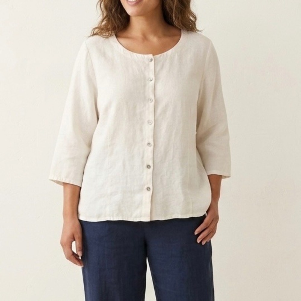 Hot Cotton Linen Top XL White Off White Button Front 3/4 Sleeve USA Lagenlook